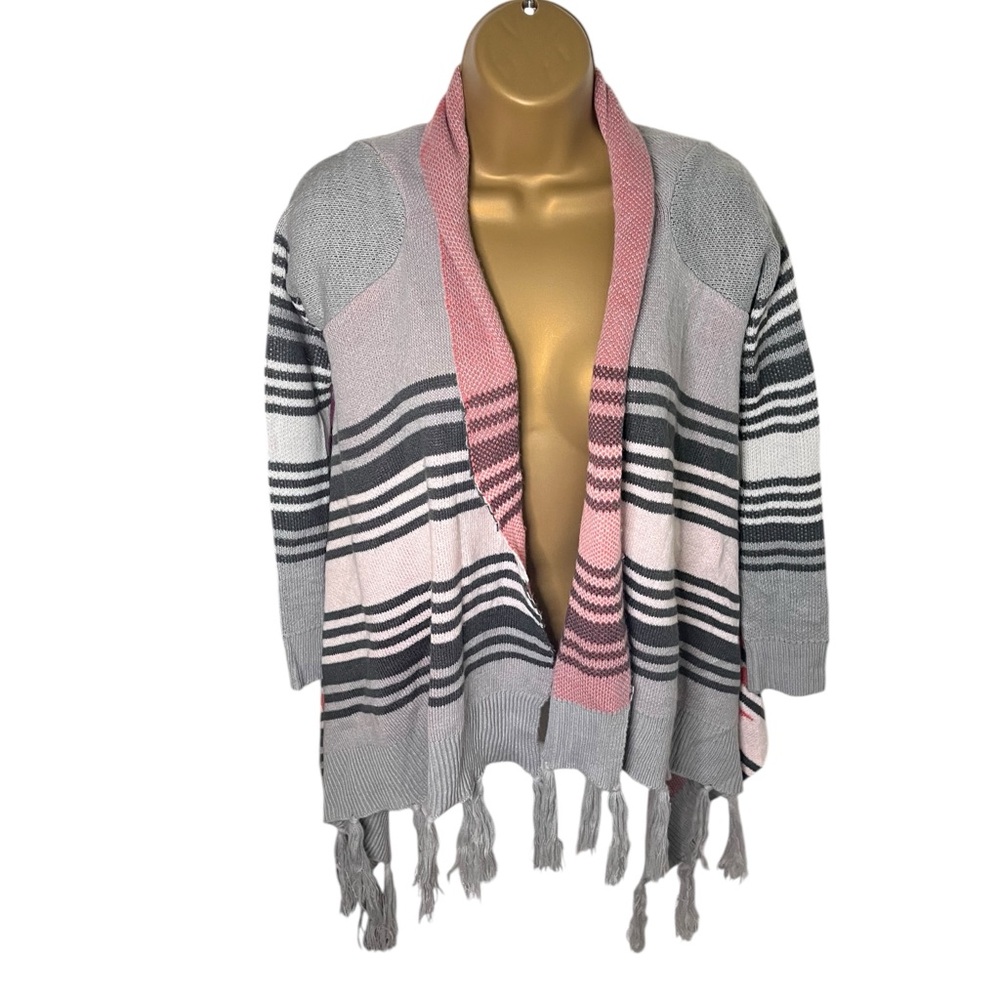 Full Tilt Fringe Hem Aztec Cardigan Open Front Gray Pink M Juniors